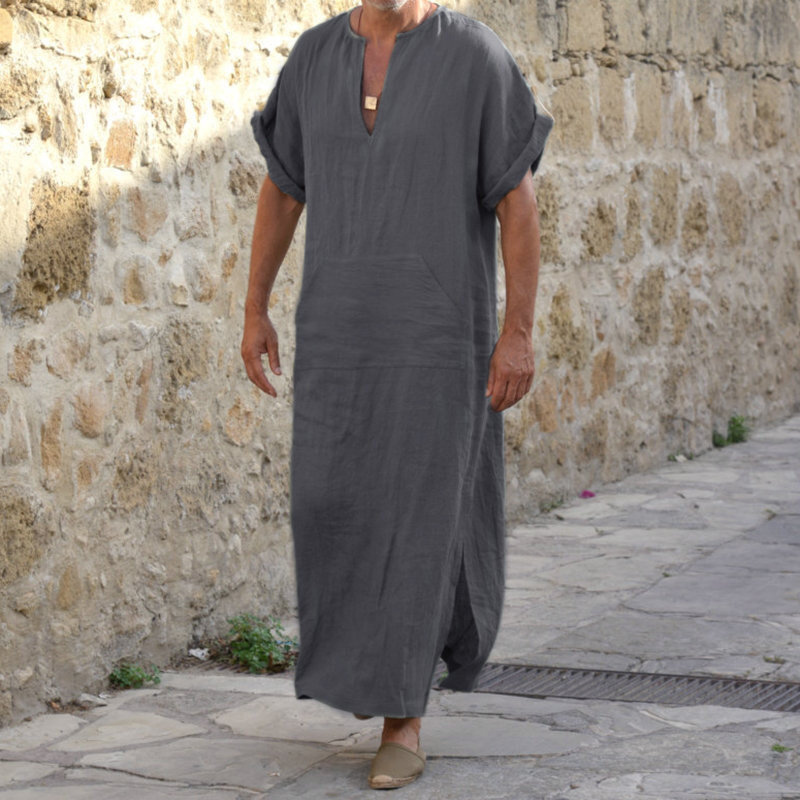 Jubba Thobe-caftán árabe islámico para hombre, ropa de lino sólido de algodón de manga corta con capucha, ropa musulmana de Oriente Medio de Dubái, Abaya para hombre