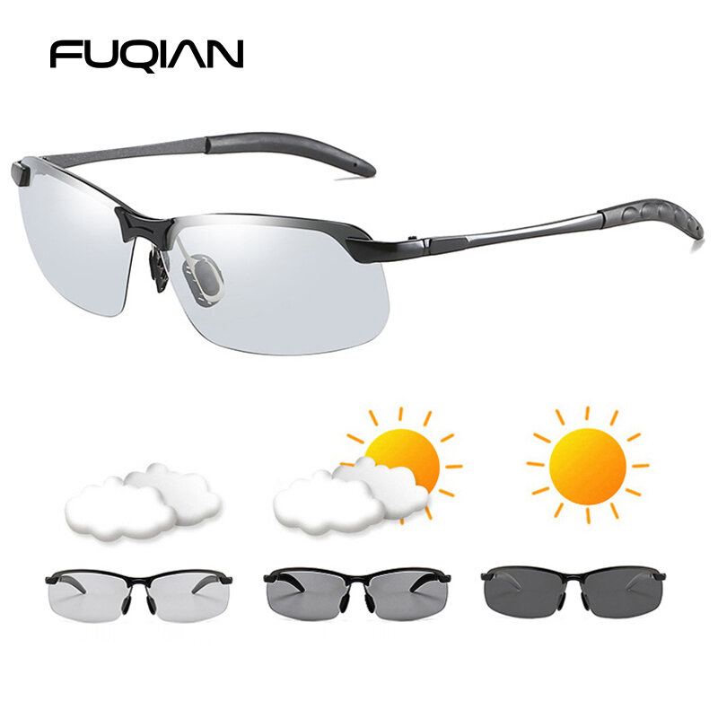 FUQIAN-Óculos de sol fotocromático para homens e mulheres, óculos de sol vintage polarizados, óculos masculinos de visão noturna