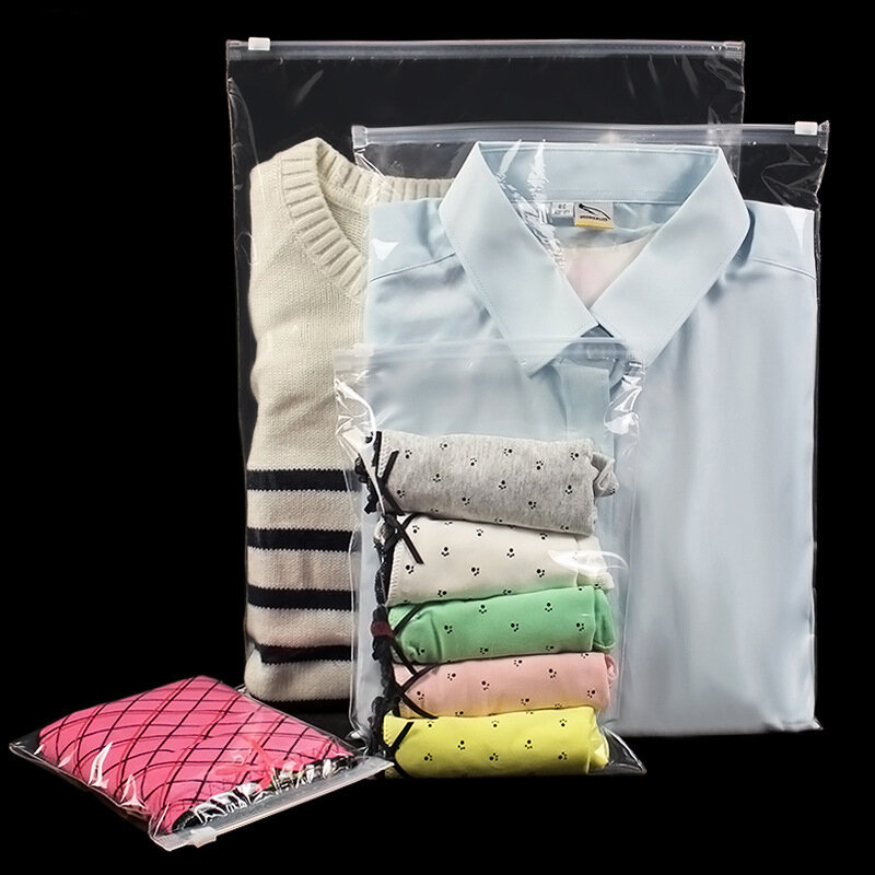 Sacos de armazenamento de plástico ziplock, 50 peças personalizadas, fechamento transparente, logotipo impresso para roupas de viagem, empacotador de roupas à prova d'água