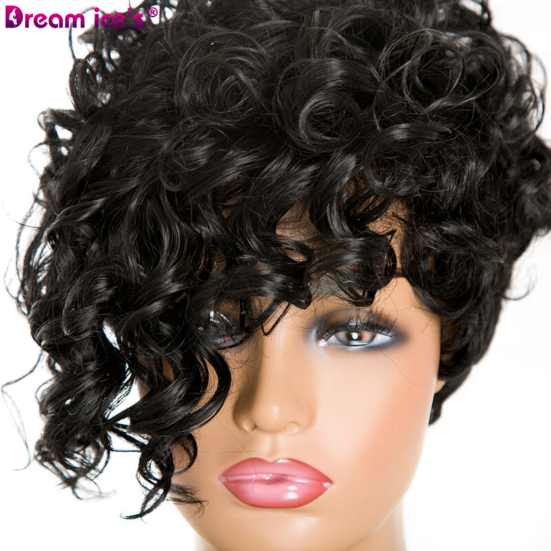 Wig sintetis gaya modis rambut keriting pendek untuk wanita warna hitam wig pesta Cosplay suhu tinggi wig Dream ice