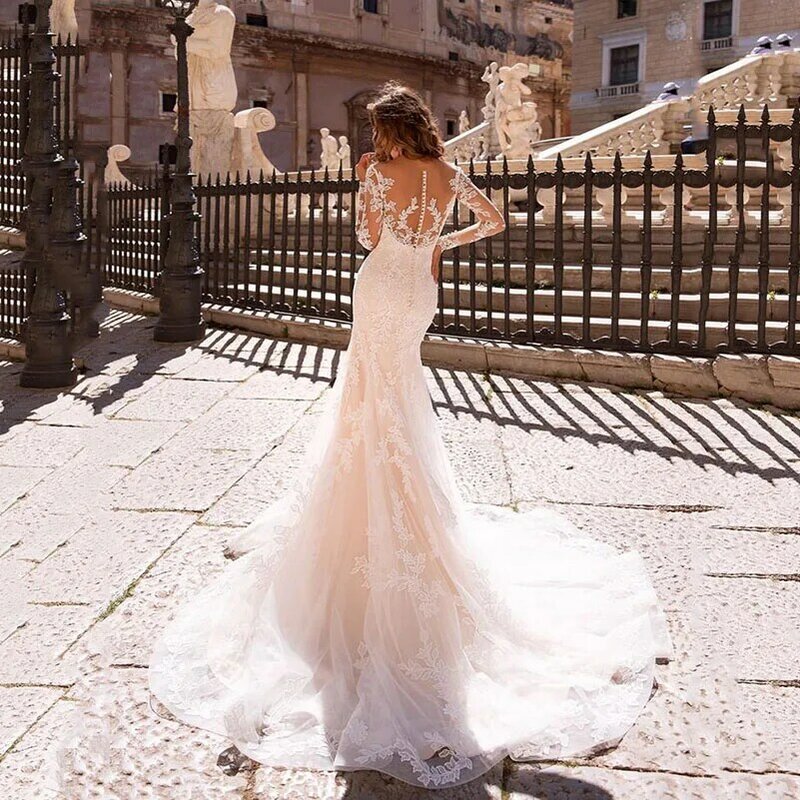 LoveDress gaun pengantin putri duyung, gaun renda leher V 2023 lengan panjang dengan gaun pengantin Boho yang dapat dilepas