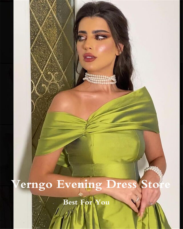 Verngo Olive Green Taffeta Short Evening Dress Off Shoulder Sleeves Formal Party Dresses Ankle Length Saudi Arabic Prom Gowns