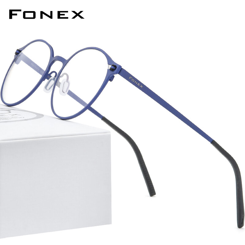 FONEX  純チタンメガネフレーム女性のレトロなラウンド処方眼鏡 2020 新しい男性滑り止め光学ネジなし眼鏡 8530