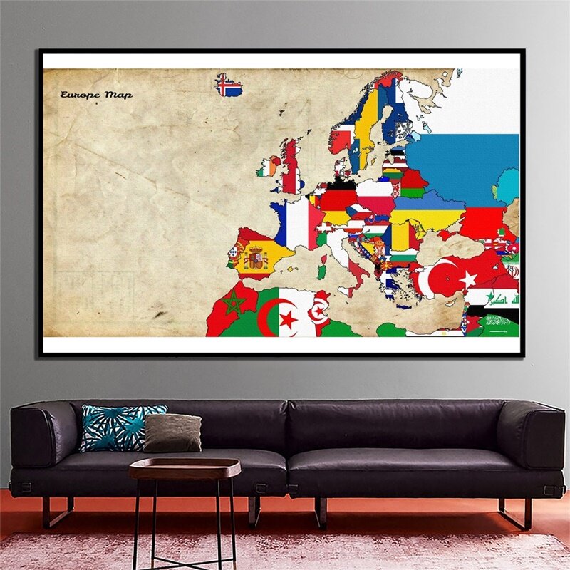 90 * 60 cm Vintage Europe Map of the World Naklejka z włókniny Mapa świata Plakat Wersja pozioma Pokój dzienny Wystrój biura domowego