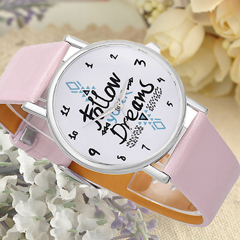 Frauen Mädchen lässig Uhr Druck folgen Sie Ihrem Traum Zitat Druck Kunstleder Armband Quarz Armbanduhr Armbanduhr erkek saati l
