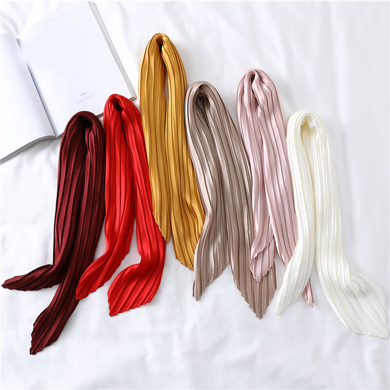 Silk Pleated Scarf Solid Color Satin Neckerchief Soft Small Scarves Square Scarf Decorative Headscarf Crinkled Hair Scarf
