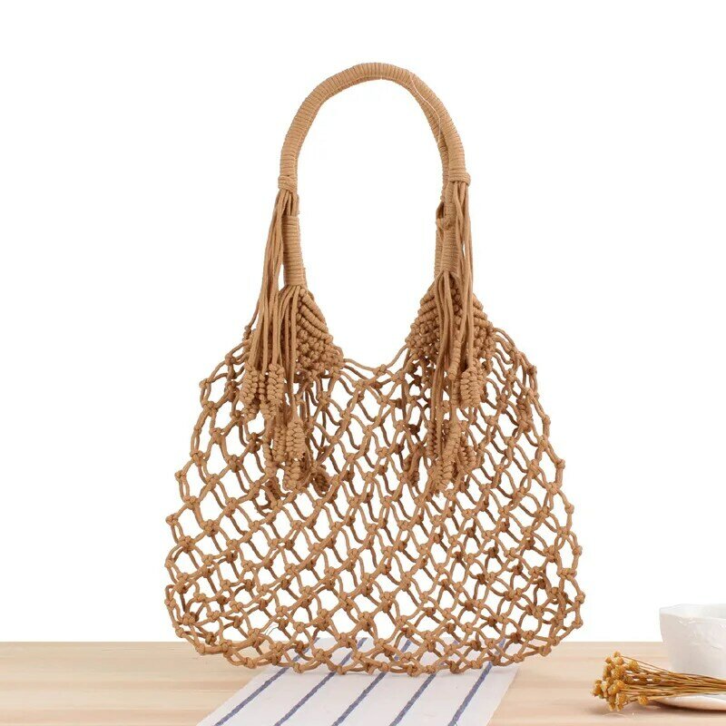 Плетеная Сумка через плечо с кисточками, 35x35 см, женская соломенная сумка в натуральном стиле, хлопковая веревка ручной работы, пляжная сумка, a7268