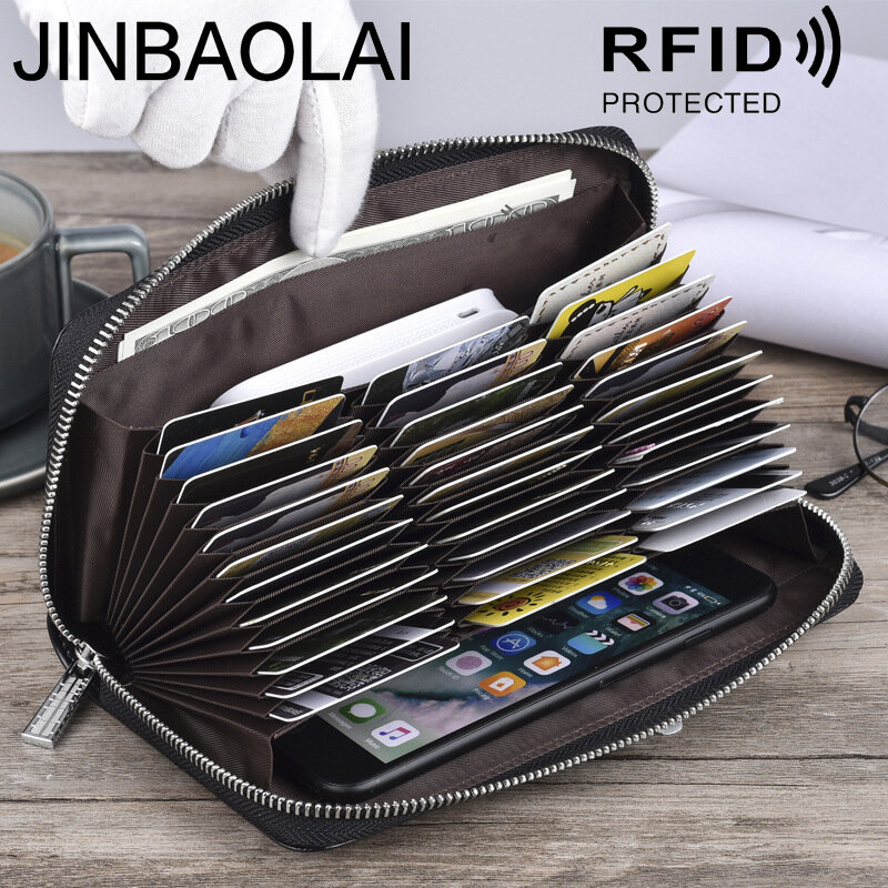 Jinbaolai-cartera larga de gran capacidad para hombre y mujer, Cartera de cuero genuino multifunción RFID para tarjetas