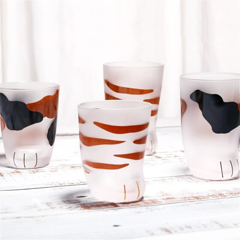 Patas de gato tazas creativo lindo vidrio gatos patas taza vaso de oficina, taza de café desayuno leche taza de porcelana con cuchara con forma de gato 5