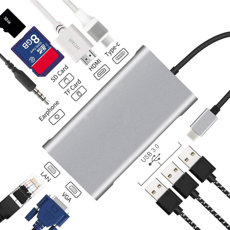 Adaptateur USB Type C vers HDMI 4K VGA adaptateur RJ45 Lan Ethernet SD TF USB-C 3.0 Type 3.5mm prise Audio vidéo pour MacBook Pro OTG
