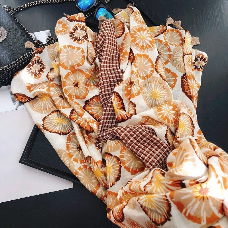 2022 moda kobiety bawełna szalik Khaki pomarańczowy kwiatowy Tassel plaża hidżab szale i okłady kobiet fular Echarpe projektant 180*90Cm