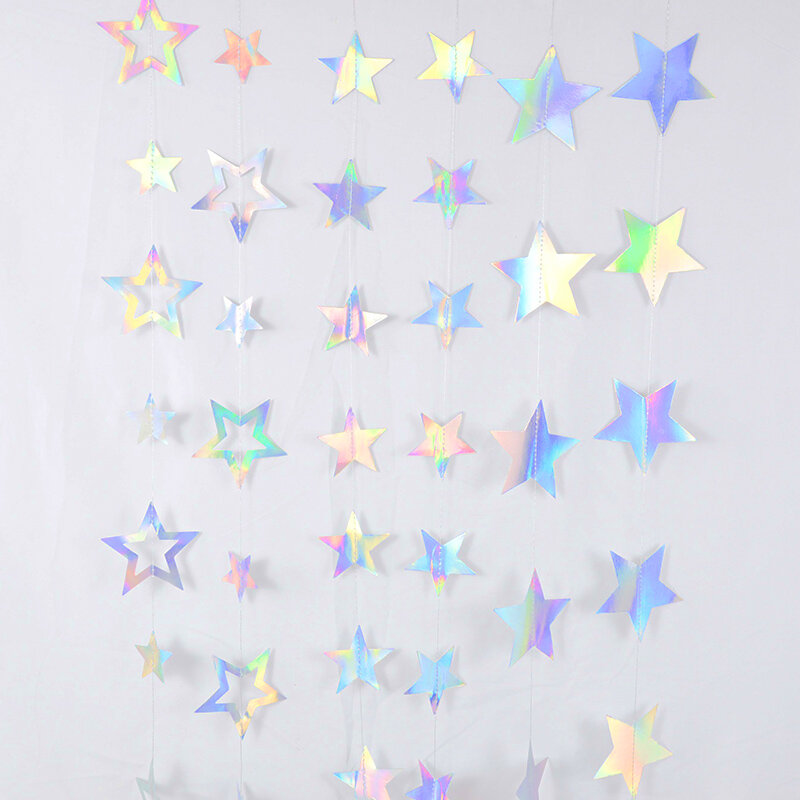 Laser Silver Paper Star Garland Banner Happy Birthday Party Decoration Girl Boy Baby Shower Wedding Christmas Wall Hanging Decor