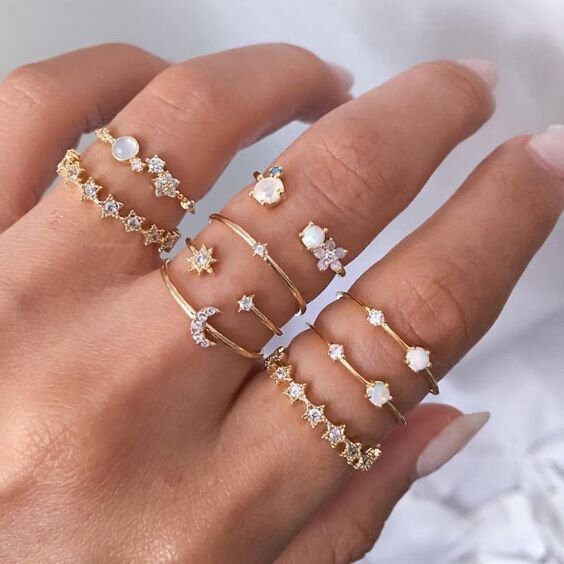 Conjunto de anéis de estrela e lua na cor dourada para mulheres, jóias vintage, estilo boho, acessórios de moda, novo 2020