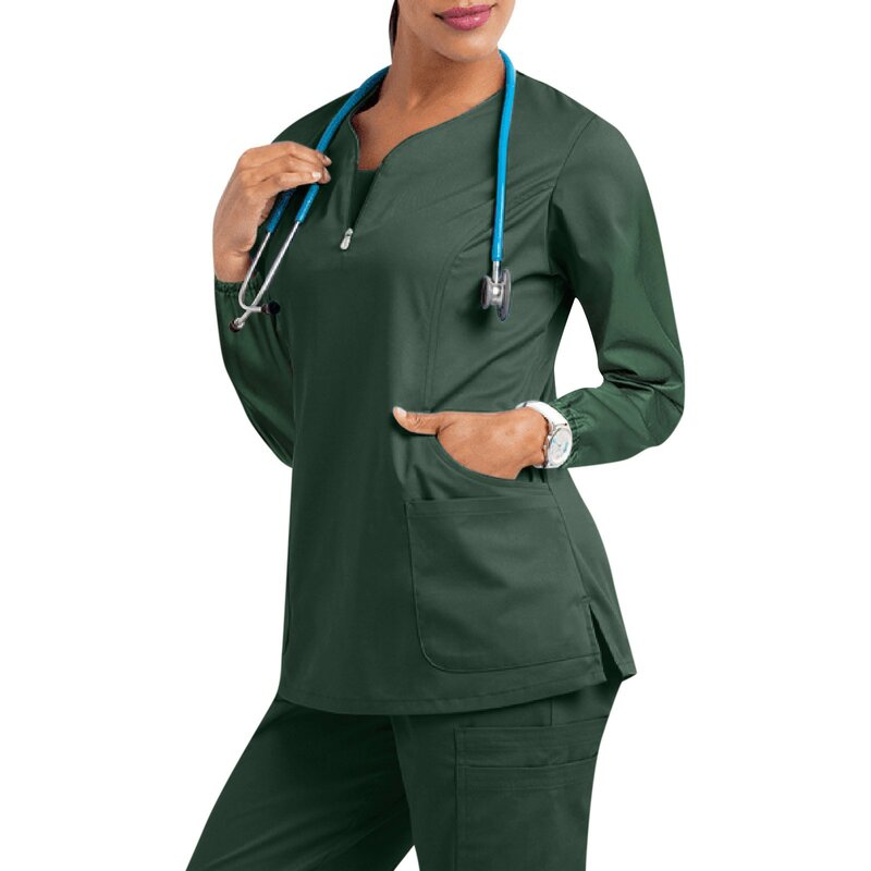 Uniformes de trabalho de cuidados sólidos mulheres manga longa esfrega topos veterinários farmácia traje pet grooming workwear beleza spa blusa