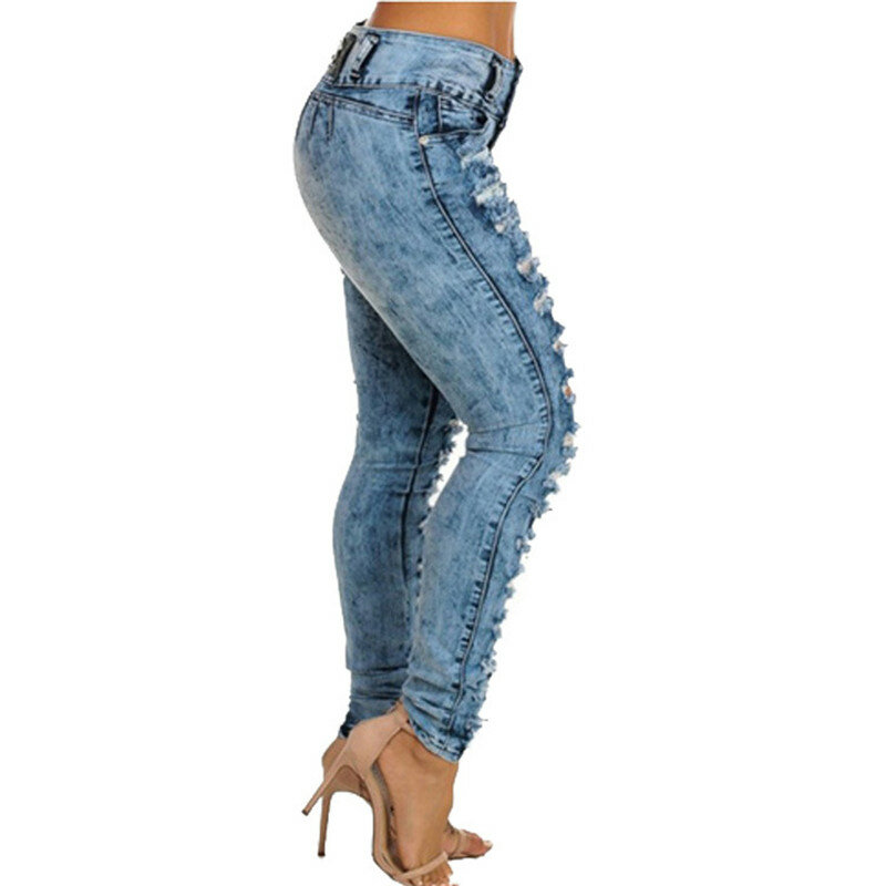 Novo sexy buraco namorado jeans feminino cintura alta elástica rasgado mãe calças de brim streetwear magro denim lápis calças senhoras
