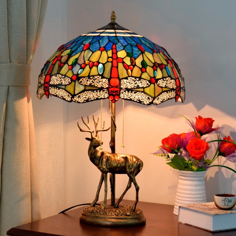 Tiffany Style Resin Deer Model Buck Shape Base WitStained Glass Umbrella Shade E27 LED Warming Table Lamps For Bedroom Plug In
