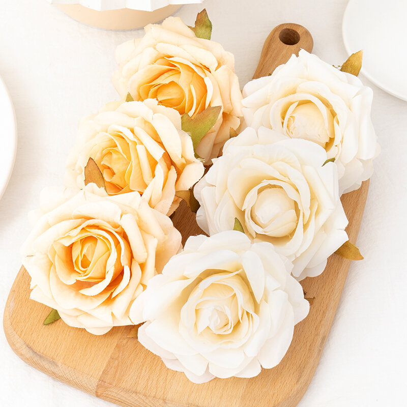 Seda artificial Rose cabeças para casamento, flor falsa branca, grinalda DIY, decoração de bolo, Home Party, aniversário, Natal, 5pcs