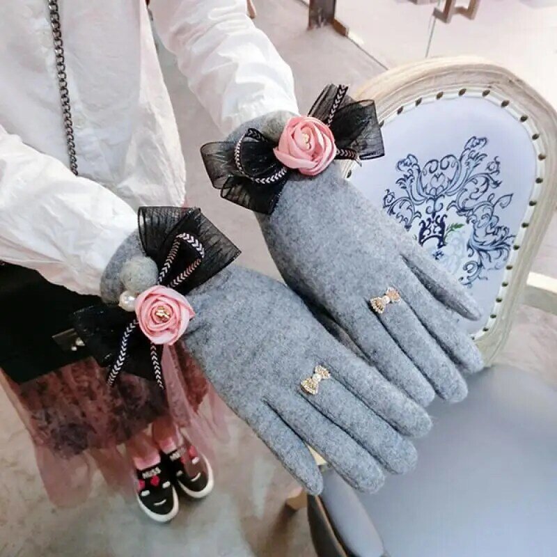 Retro małe kadzidło wiatr proste damskie kamelia damskie zimowe rękawiczki koreański moda grube ciepłe rękawiczki do ekranu dotykowego