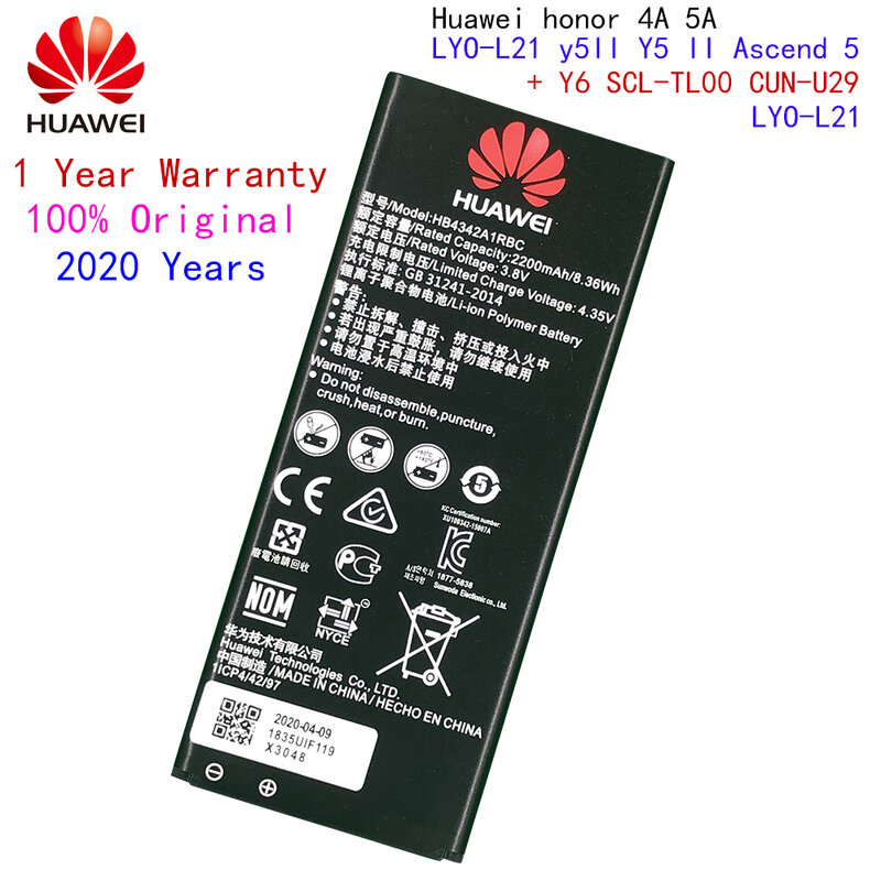 100% batería Original para Huawei honor 4A honor 5A LYO-L21 y5II Y5 II Ascend 5 + Y6 SCL-TL00 CUN-U29 2200mAH HB4342A1RBC