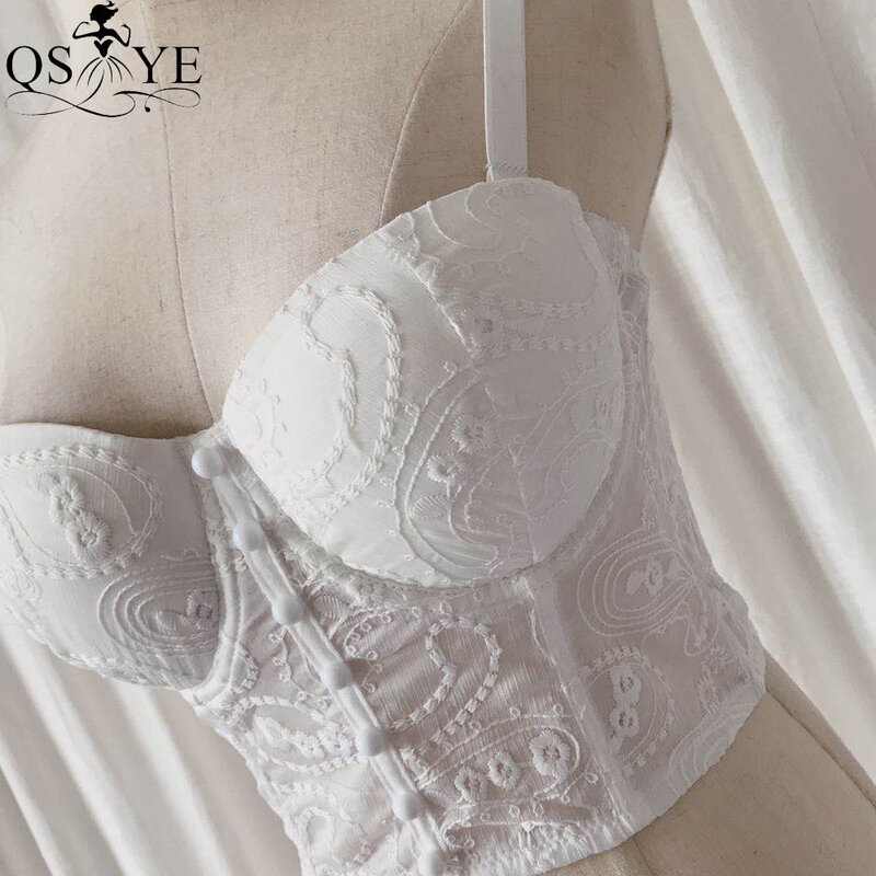 QSYYE Sexy White Bridal Top Dress Women Sweetheart Mesh Stitching Crop Top Buttons Top Nightclub Navel Pattern Lace Party Gown