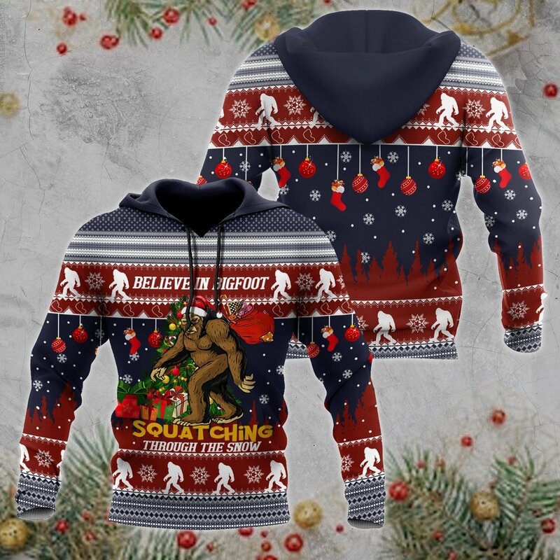 Bigfoot Lucu Selamat Natal 3D Hoodie Pria Musim Gugur Hoodie Ritsleting Pullover Kasual Uniseks Hoodie Streetwear Sudadera Hombre DW616