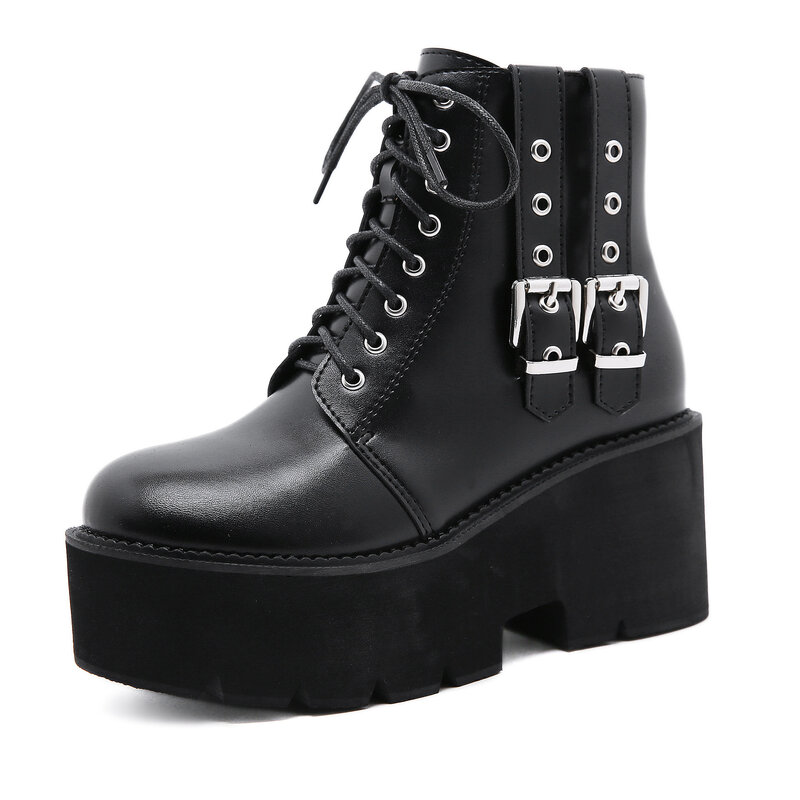 Leather Gothic Black Boots Women Heel Sexy Chain Chunky Heel Platform Boots Female Punk Style Ankle Boots Zipperhi9