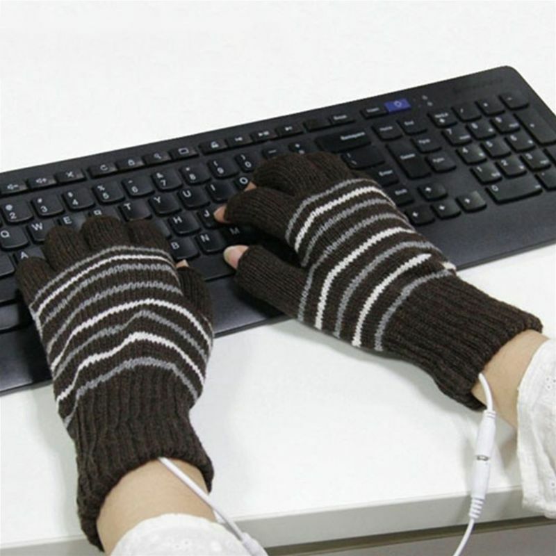 Women Men USB Powered Fingerless Heated Gloves Washable Knitted Stripes Computer Convertible Mittens Winter Outdoor Hand Warmer