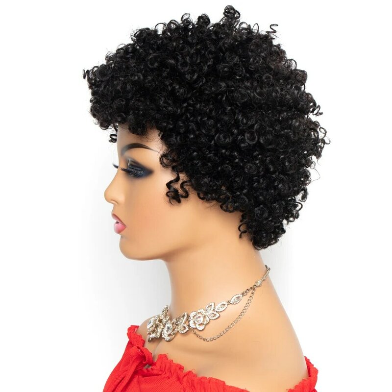 Short Kinky Curly Wig Brazilian Remy Human Hair Wigs Full Machine Made Wig 130% Density For Women Natural Color Yepei Hair