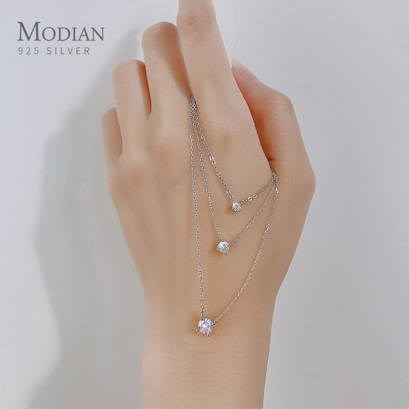Modian Brands Simple 925 Sterling Silver Geometric Cut Sparkling Zircon Pendant Necklace for Women Wedding Engagement Jewelry