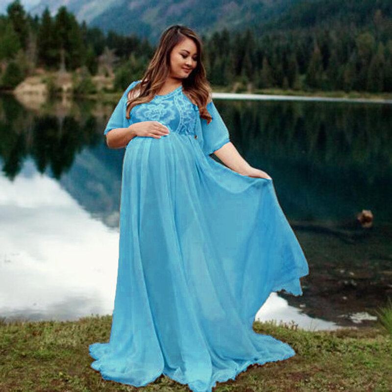 섹시한 출산 사진 드레스, 레이스 멋진 임신 촬영 드레스, 긴 여성 핑크 블루 출산, 임신 사진 소품