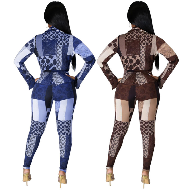 GL6309 Two-piece casual suit Geometric print two-piece jacket with split horn sleeves