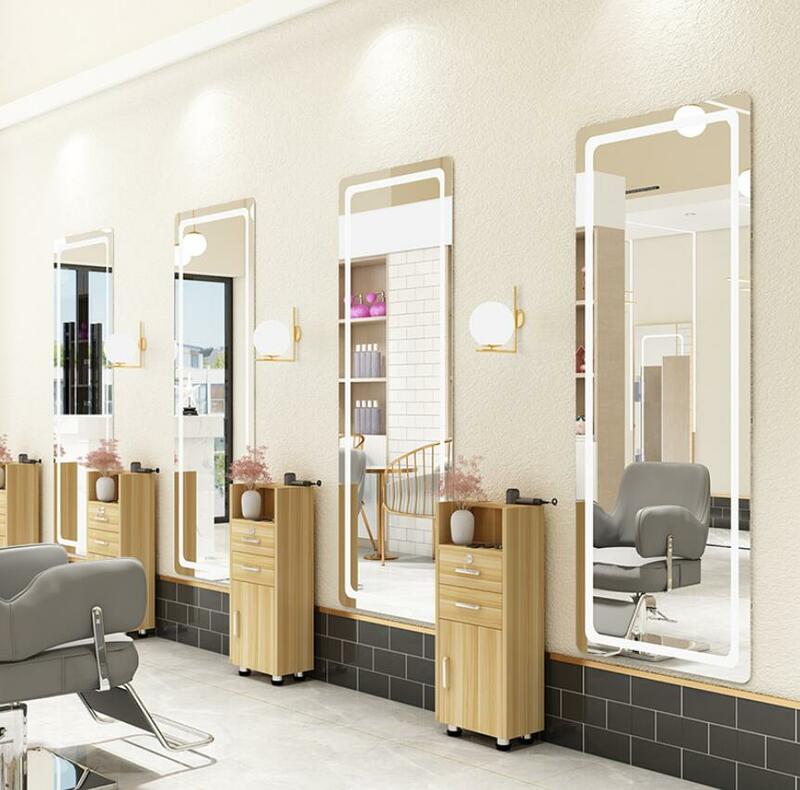 Barber shop mirror net red hairdressing mirror hair salon dedicated LED floor mirror with lamp