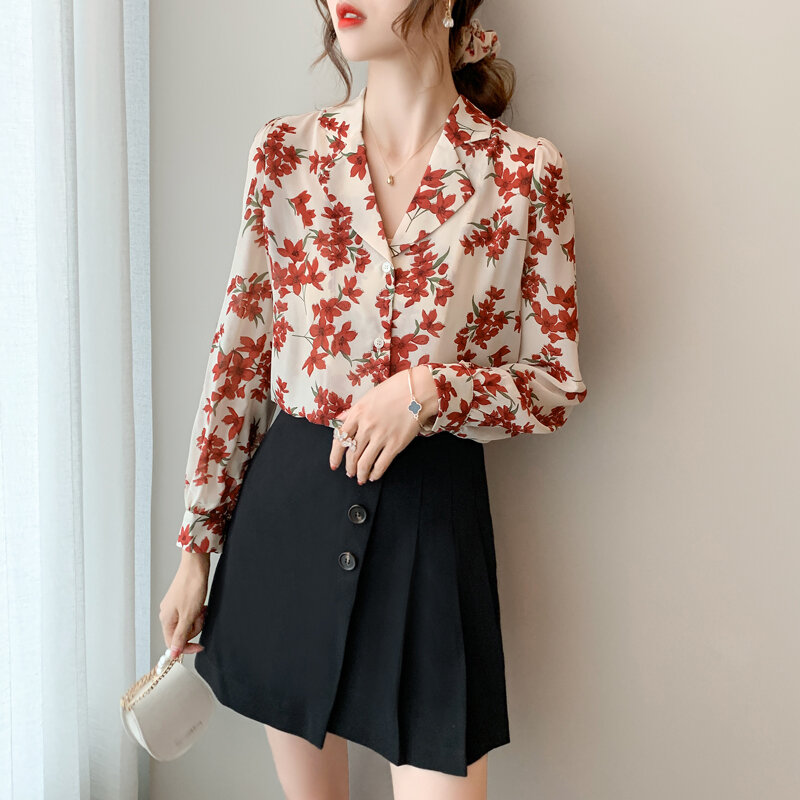 Rebeca de manga larga para mujer, camisa holgada de gasa con solapa, Top, blusa con estampado Floral, Tops de otoño, 2020