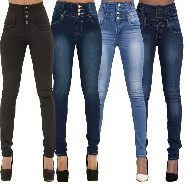 Calça jeans feminina cintura alta com vários bolsos, sexy, stretch, calça jeans