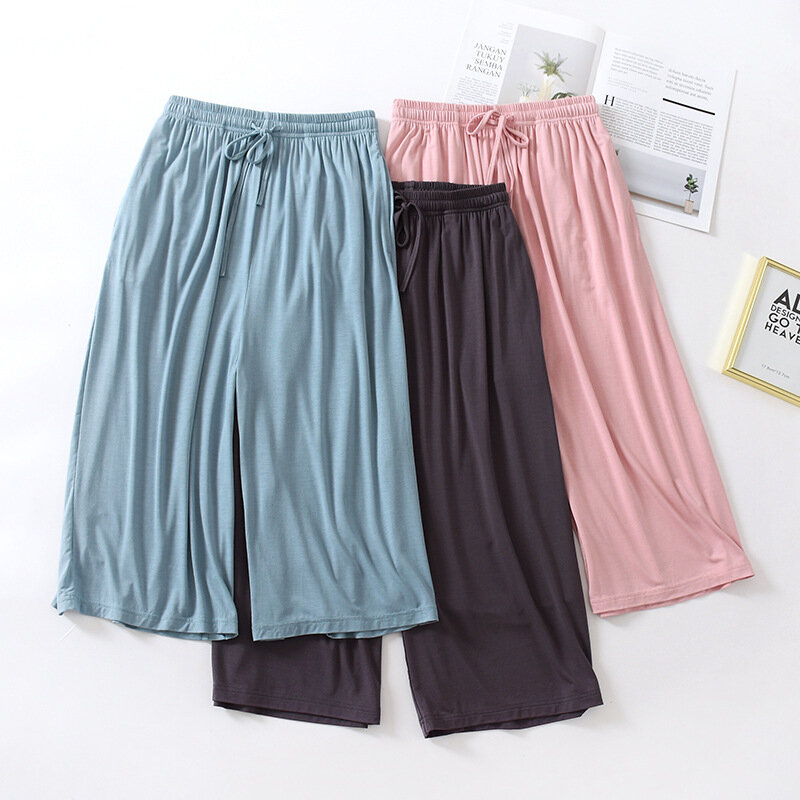 ฤดูร้อนสไตล์ญี่ปุ่นหลวม Cropped กางเกงสุภาพสตรี Modal กางเกงขาสั้นสีทึบขากว้างขนาดใหญ่กางเกงสตรีกางเกง
