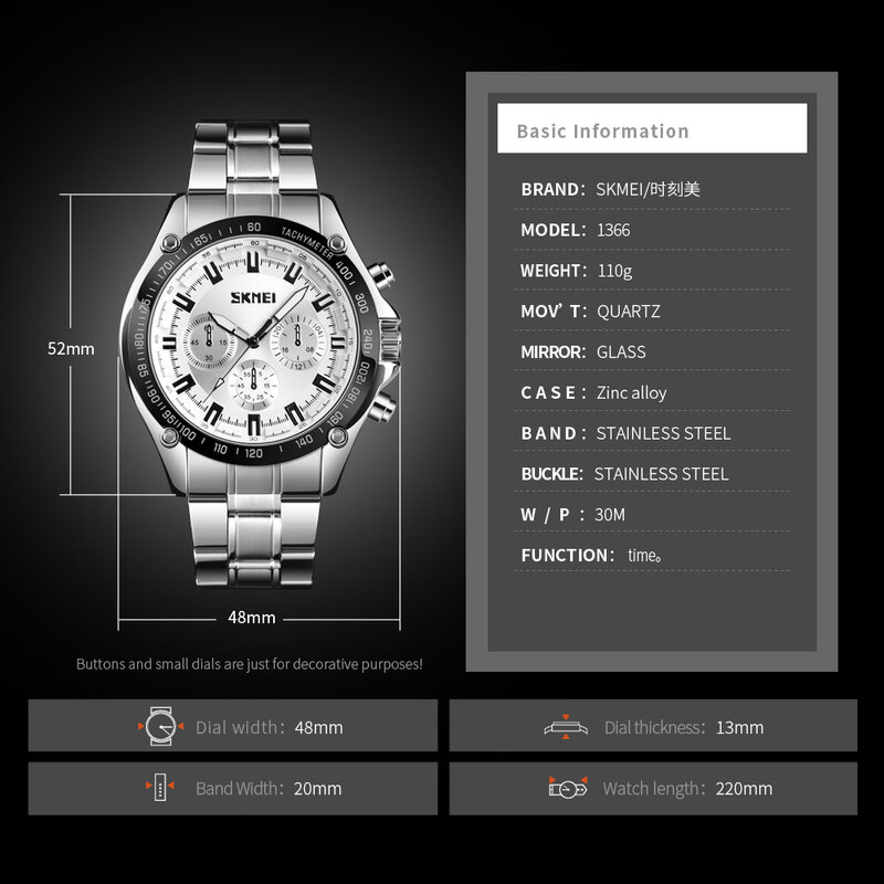 Top Brand SKMEI Luxury Watch Stainless Steel Men's Quartz Business Wristwatch Fashion Waterproof Sport Watches Reloj Hombre 1366