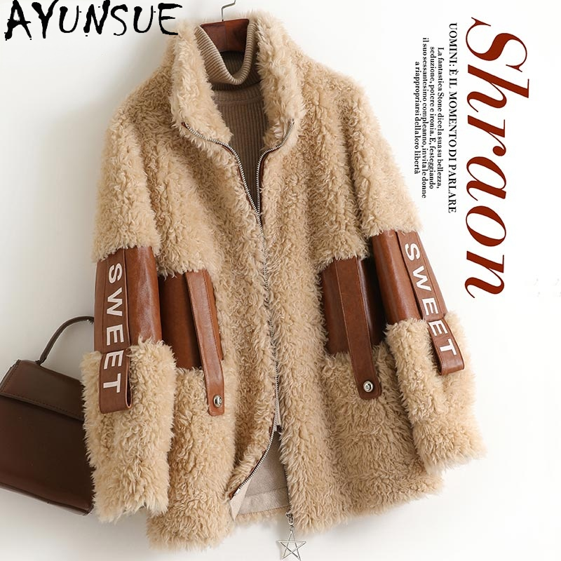 AYUNSUE-Manteau court en peau de mouton véritable pour femme, veste en laine décontractée, vêtements pour femmes, 100% réel, décontracté, automne, hiver, 2021, Gxy367