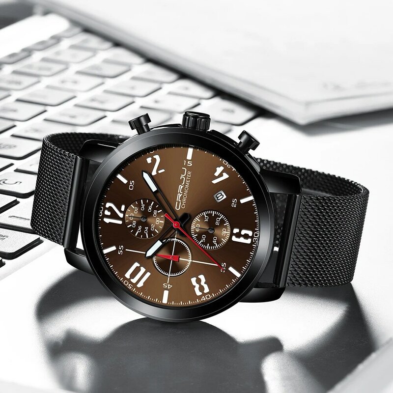 Relógio masculino novo crrju marca superior aço inoxidável à prova dwaterproof água cronógrafo data relógios de negócios relógio quartzo reloj hombre