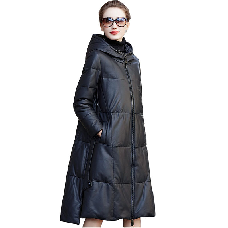 New High Quality Genuine Leather Coat Women Winter Down Jacket Sheepskin Outerwear A-Line Cloak Hooded Long Coats Tops KW28
