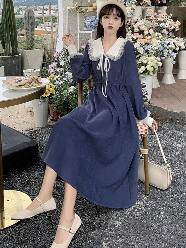 Vintage Dress Women Sweet Lace Peter Pan Collar French Elegant Long Sleeve Lace-Up Fairy One Piece Dress Korean 2021 Autumn Chic