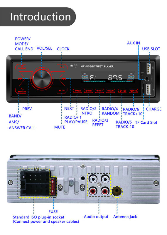 (에서 선박 us) 1DIN 자동차 라디오 스테레오 원격 제어 디지털 BT 오디오 음악 스테레오 12V 자동차 라디오 Mp3 플레이어 USB/TF/AUX-IN
