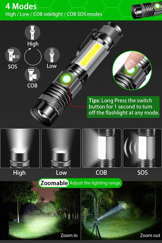 Lanterna super brilhante led tocha usb recarregável magnética zoomable com cob lado luz led uso 18650 bateria