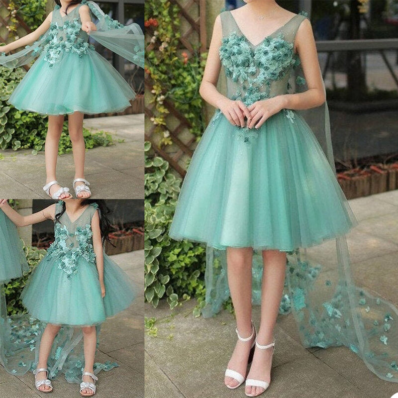 녹색 A 라인 꽃 소녀 드레스, V 넥 짧은 소매 3D 꽃 아플리케, 어린이 생일 파티 의상 미니 드레스