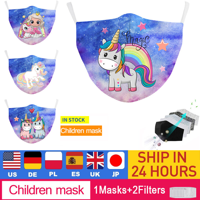 Mascarilla facial con estampado de unicornio para niños, cubrebocas infantil de tela Kawaii, lavable y reutilizable de Anime