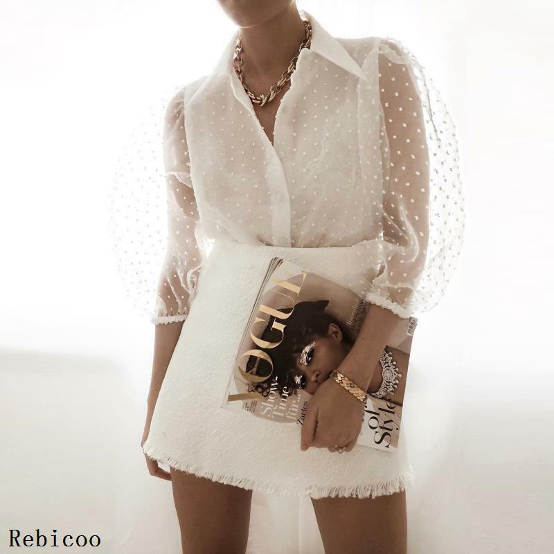 Frauen Mesh Sheer Bluse Sehen-durch Lange Sleeve Top Hemd Bluse Mode Perle Taste Transparent Weißes Hemd Weibliche Blusas