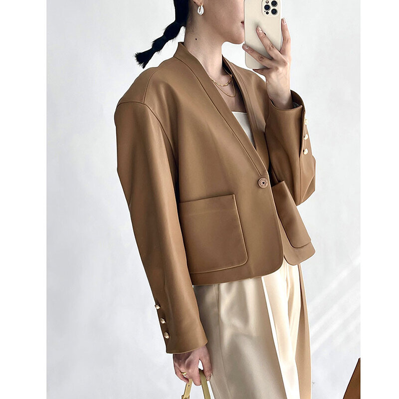 Autumn Real Leather Vintage Small Suit Coat Women First Layer Sheepskin V-neck Jackets Korean Fashion Cuero Genuino Ropa Mujer