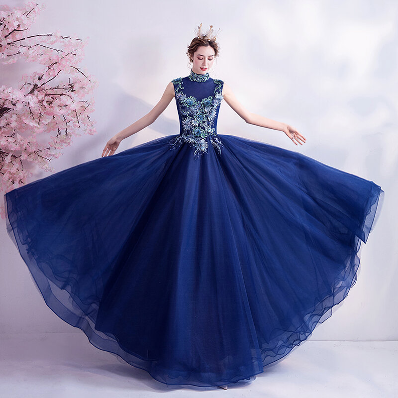 Dubai Hoàng Gia Pha Lê Xanh Dương Gợi Cảm Chính Thức Váy Đầm Dạ Tay Dài Sang Trọng Choàng Áo Dây Soiree Quần Sịp Đùi Thông Hơi Cho Mẹ