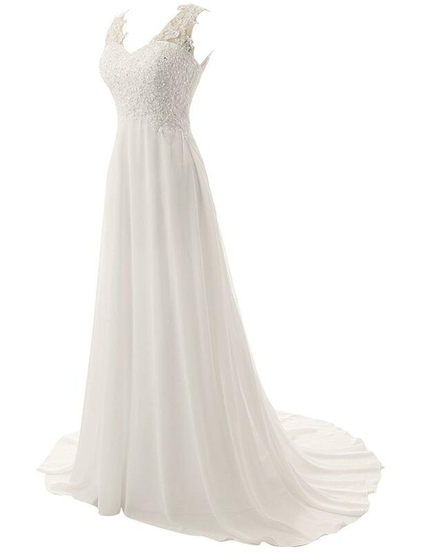 فستان زفاف الشاطئ حجم كبير أبيض/Lvory الشيفون الدانتيل يزين فساتين أنيقة لفستان الزفاف بدون ظهر Vestido De Noiva