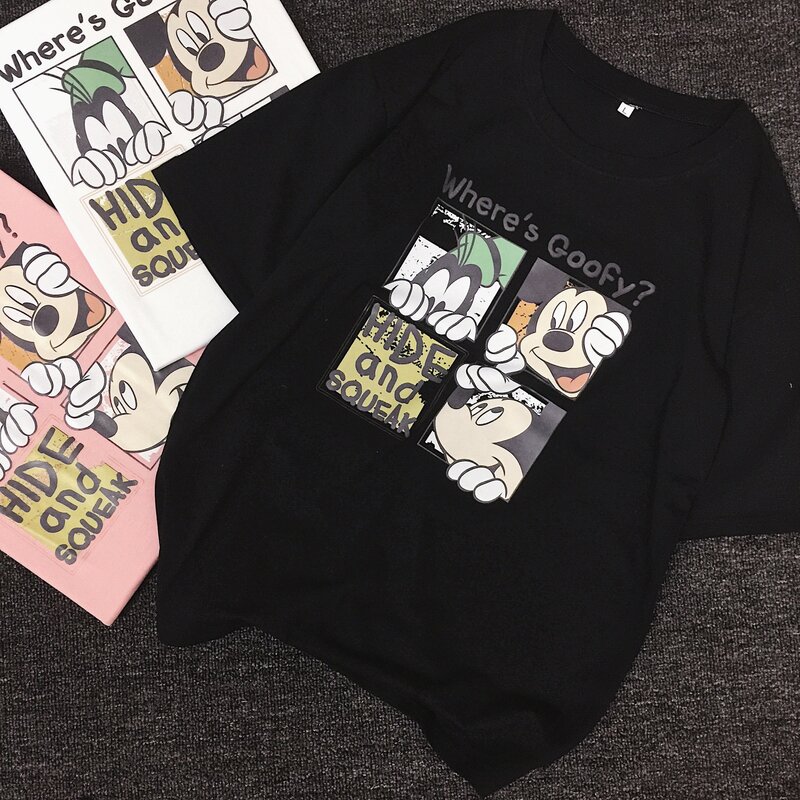 2020 camisa de verano para mujer, camisetas de manga corta con Cuello redondo en blanco y negro, camisetas de dibujos animados de mickey goofy, camisetas para hombres y mujeres
