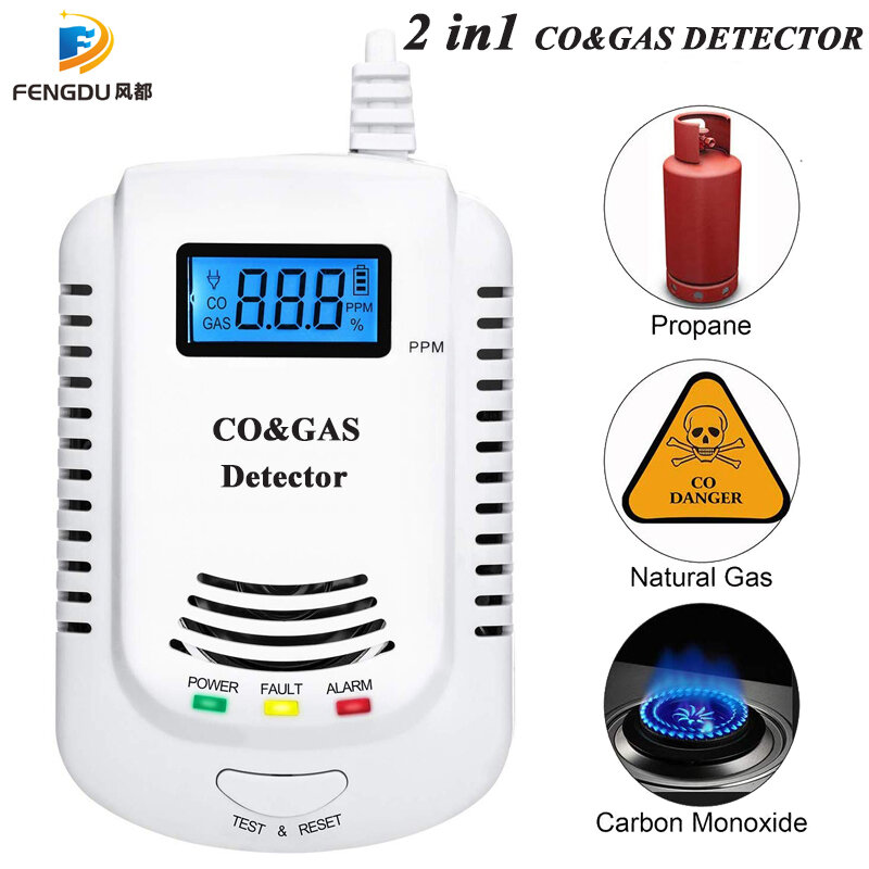 Detector de gás doméstico plug-in, gás natural, metano, propano, alarme de CO, sensor de vazamento com promp por voz, display LED, 2 em 1
